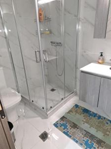 een douche met een glazen deur in de badkamer bij Perfect Apartment 71B in Thessaloniki