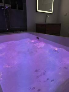 y baño con bañera llena de agua púrpura. en La suite Carolo en Charleville-Mézières