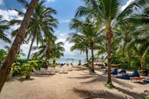 a beach with chairs and palm trees on it at Echo Beach Hostel in Ban Tai