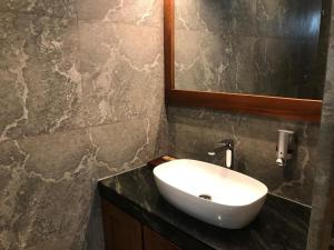 łazienka z umywalką i lustrem na ladzie w obiekcie Thimbiri Wewa Resort Wilpattu w mieście Wilpattu