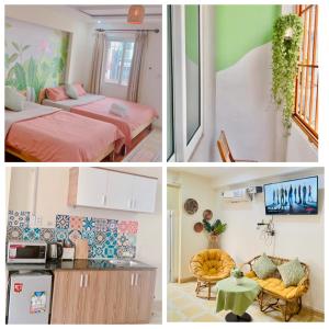 a collage of three pictures of a room at Ehome Saigon - Gạo hostel in Ho Chi Minh City