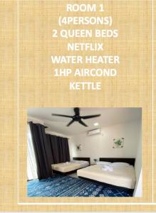 a poster of a bedroom with two beds and a ceiling fan at Suasana Stay & Homestay near UMT UNISZA IPG MRSM Kuala Nerus, Terengganu in Kuala Terengganu