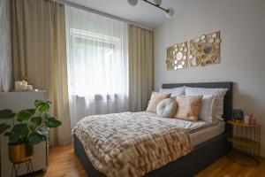 1 dormitorio con cama y ventana en MalinoweLove - 3 pokoje, parking, ogród en Cracovia