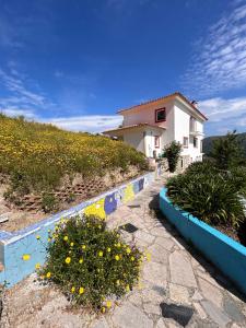 a house with yellow flowers on the side of a sidewalk at Zevari studio with amazing views at ZevariClub! in Folhadosa +10 photos