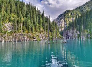a lake in the middle of a forest at Кольсай-Сабыржан in Saty