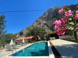 a house with a swimming pool with a mountain in the background at KiDRAK OTEL MONTENEGRO-1 in Faralya