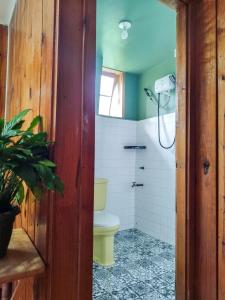 een badkamer met een toilet en een douche bij Rm 202 Mhapiya-aw Pensione Inn in Sagada
