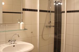 ein Bad mit einem Waschbecken und einer Dusche in der Unterkunft Ferienhaus "Am Papststein" in Kurort Gohrisch