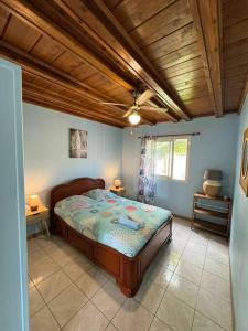 a bedroom with a bed with a wooden ceiling at Le Volcan - Piscine - DODOTERLA in Sainte-Rose +21 photos