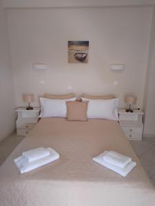 een slaapkamer met een groot bed met 2 kussens erop bij Vicky's Guesthouse in Kavos
