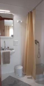 een badkamer met een douchegordijn en een wastafel bij Vicky's Guesthouse in Kavos