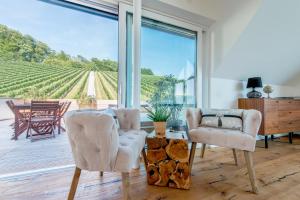 a living room with a view of a vineyard at Weingut Holler Chalet in Spielfeld