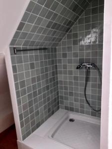 a bathroom with a shower with gray tiles at La Closerie gîte de charme près de Giverny in Hardencourt-Cocherel