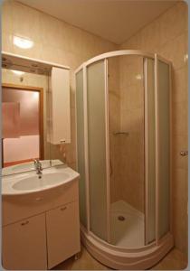 a bathroom with a shower and a sink at Villa Radulj in Kozarica +53 photos