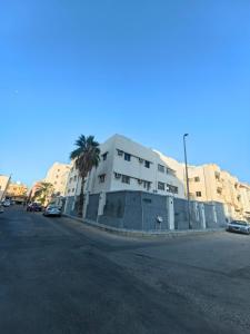 مبيت هوستل في جدة: مبنى على جانب شارع فيه نخلة