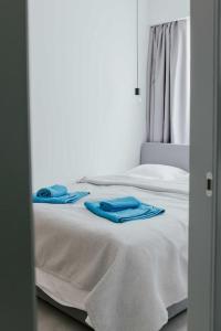 SKG Central Gateaway في سلانيك: غرفة نوم بسريرين عليها مناشف زرقاء