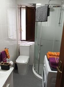 a bathroom with a toilet and a glass shower at Estudio y Loft Durango in Guyuria