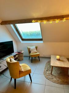 een woonkamer met een dakraam, stoelen en een tv bij Anémone in Audresselles