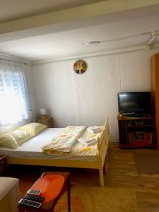 małą sypialnię z łóżkiem i telewizorem w obiekcie Smještaj Dada w mieście Trebinje