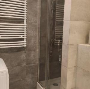 a shower with a glass door in a bathroom at Adonai apartments in Warsaw