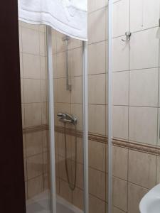 La salle de bains est pourvue d'une douche avec un tuyau. dans l'établissement Siedlisko Dąb w Lubogoszczy koło Sławy, à Sława