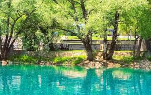 una piscina de agua azul con árboles y una valla en Mila Holiday Home, en Lohovo