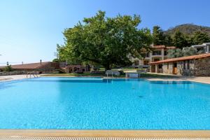 a large blue swimming pool with a tree in the background at Kaminos Evia in Límni