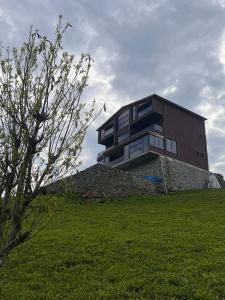 a building on top of a hill with a green field at Primland Suit in Çamlıhemşin