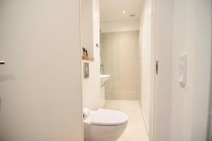 a white bathroom with a toilet and a shower at Refurbished 1-BR apartment in Charlottenlund - 180 in Charlottenlund +2 photos