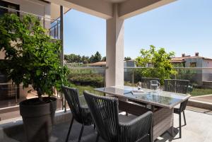 a patio with a table and chairs and a potted plant at Hotel Simeon in Metamorfosi