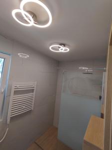 a bathroom with a shower and a ceiling with lights at Stania Scandinavian CENTRUM in Boszkowo-Letnisko