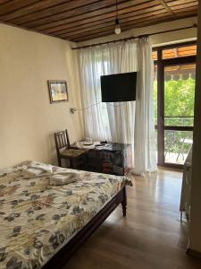 a bedroom with a bed and a desk with a television at Guest House Popov in Marchevo +34 photos