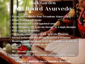a flyer for a rock garden full board aygiving at Niraamaya Wellness Retreats, Surya Samudra, Kovalam in Kovalam