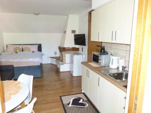 ein kleines Zimmer mit einem Bett und einer Küche mit einem Waschbecken in der Unterkunft Vineyard cottage Mavrica in Dragatuš