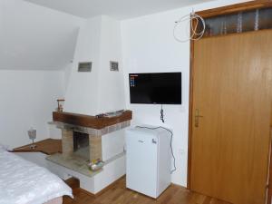 ein Schlafzimmer mit einem Kamin und einem TV an der Wand in der Unterkunft Vineyard cottage Mavrica in Dragatuš