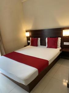 a bedroom with a large bed with red pillows at MercuryFM 101 Yarl Mercury Inn - Jaffna in Jaffna