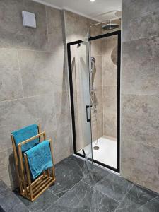 a bathroom with a shower with two chairs and a glass shower stall at Superbe bas de Villa au calme in Cagnes-sur-Mer +11 photos