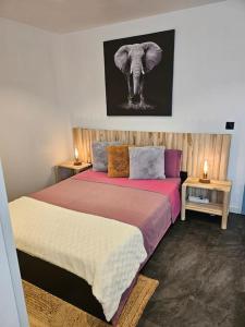 a bedroom with two beds and a picture of an elephant at Superbe bas de Villa au calme in Cagnes-sur-Mer