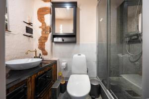 a bathroom with a toilet and a sink and a shower at Garden Studio next to Telliskivi & Old Town in Tallinn