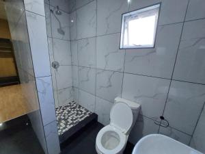 a bathroom with a shower with a toilet and a window at Freedommedia guesthouse in Gqeberha