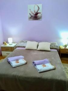 ein Schlafzimmer mit einem Bett mit zwei Kissen darauf in der Unterkunft Apartman San in Slunj