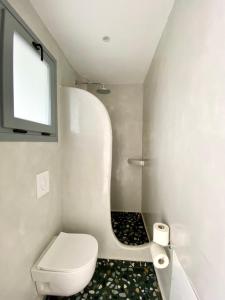 a small bathroom with a toilet and a window at Anny Studios & Rooms Perissa Beach in Perissa