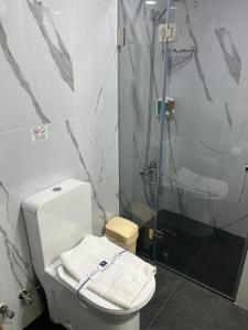 uma casa de banho com um chuveiro e um WC com toalhas em El Sheikh Suites Hotel em Beirute