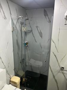 El Sheikh Suites Hotel في بيروت: حمام مع دش زجاجي مع مرحاض
