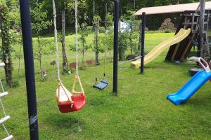 a playground with swings and slides in the grass at Bauernhof Auerhof in Aschau im Chiemgau