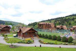 einen Garten mit einem Haus und einem Spielplatz in der Unterkunft TAOR Karpaty Resort & Spa in Schidnyzja