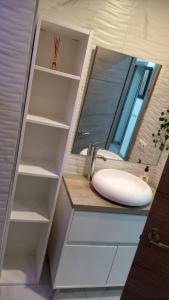 a bathroom with a sink and a mirror at De la Cuenca Mieres II in Mieres