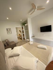 a bedroom with a bed and a flat screen tv at Villa Panorama Astrakeri Beach in Astrakeri