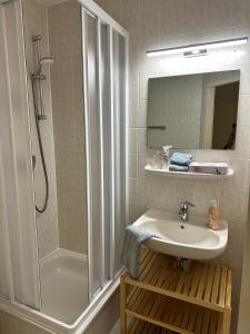 a bathroom with a sink and a shower at Gasthof Ostwind - ferienwohnungen & meer in Steffenshagen