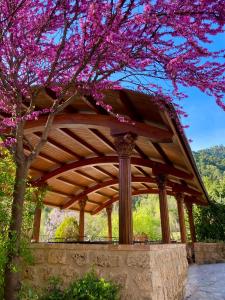 um gazebo de madeira com uma árvore com flores cor-de-rosa em Coto del Valle de Cazorla em Cazorla